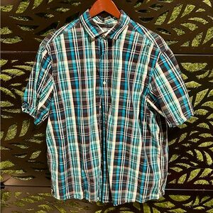 Claiborne Men's Turquoise and Black Plaid Gingham Shirt, LT